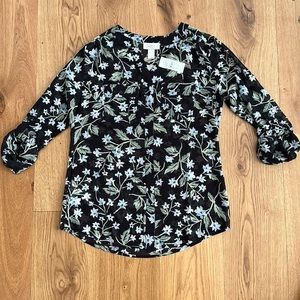 NWT LOFT Black Floral Button Down Top Blouse
